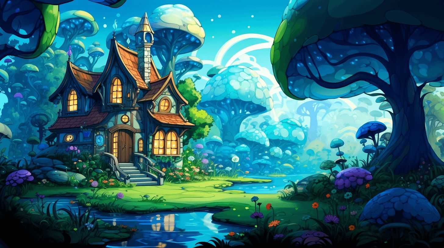 A mystical house with lights on in a fairy tale setting