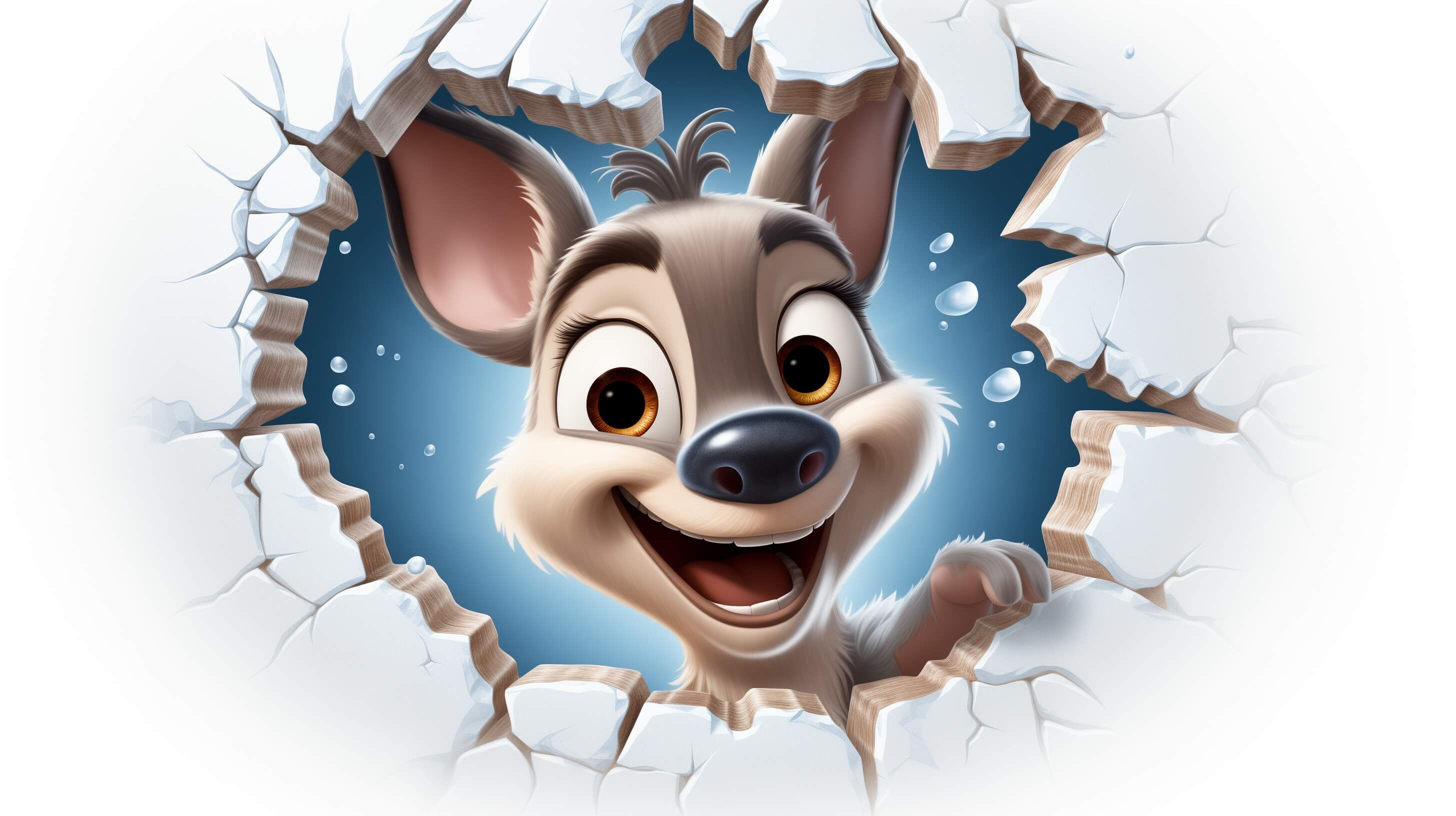 Smiling cartoon reindeer seen through a round hole