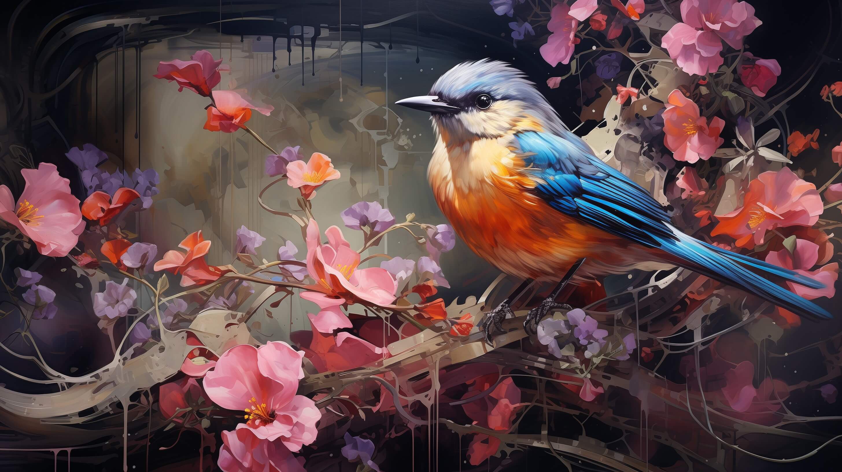 Painting of a bird on a tree branch full of flowers