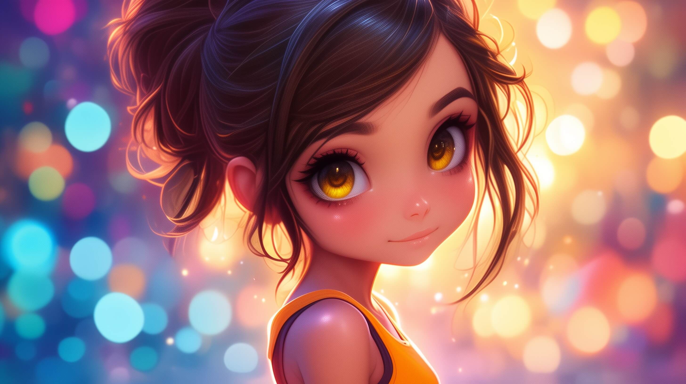 A cute chibi girl with big eyes surrounded by lights on a bokeh background