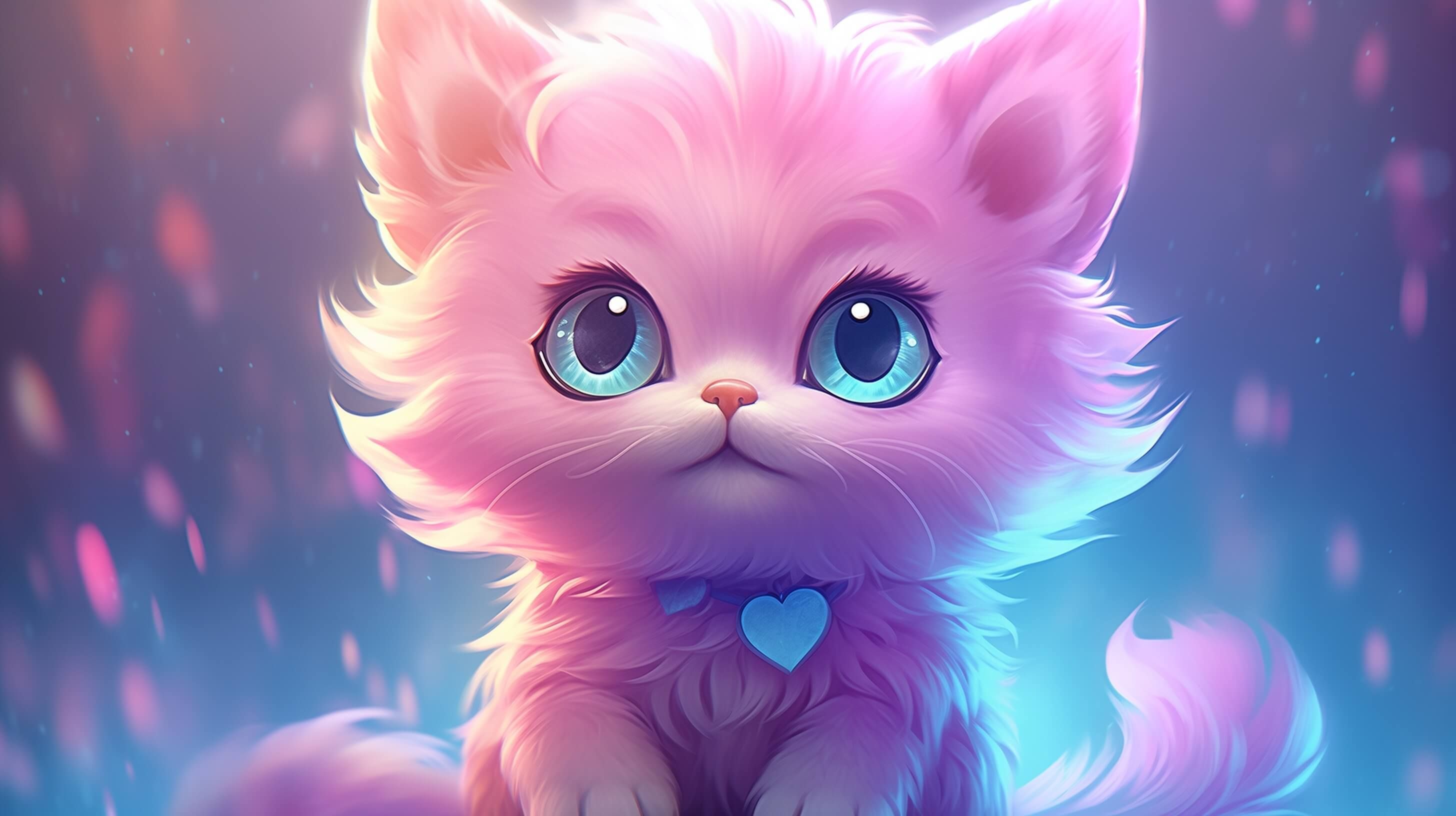 A fluffy pink cat on a purple background