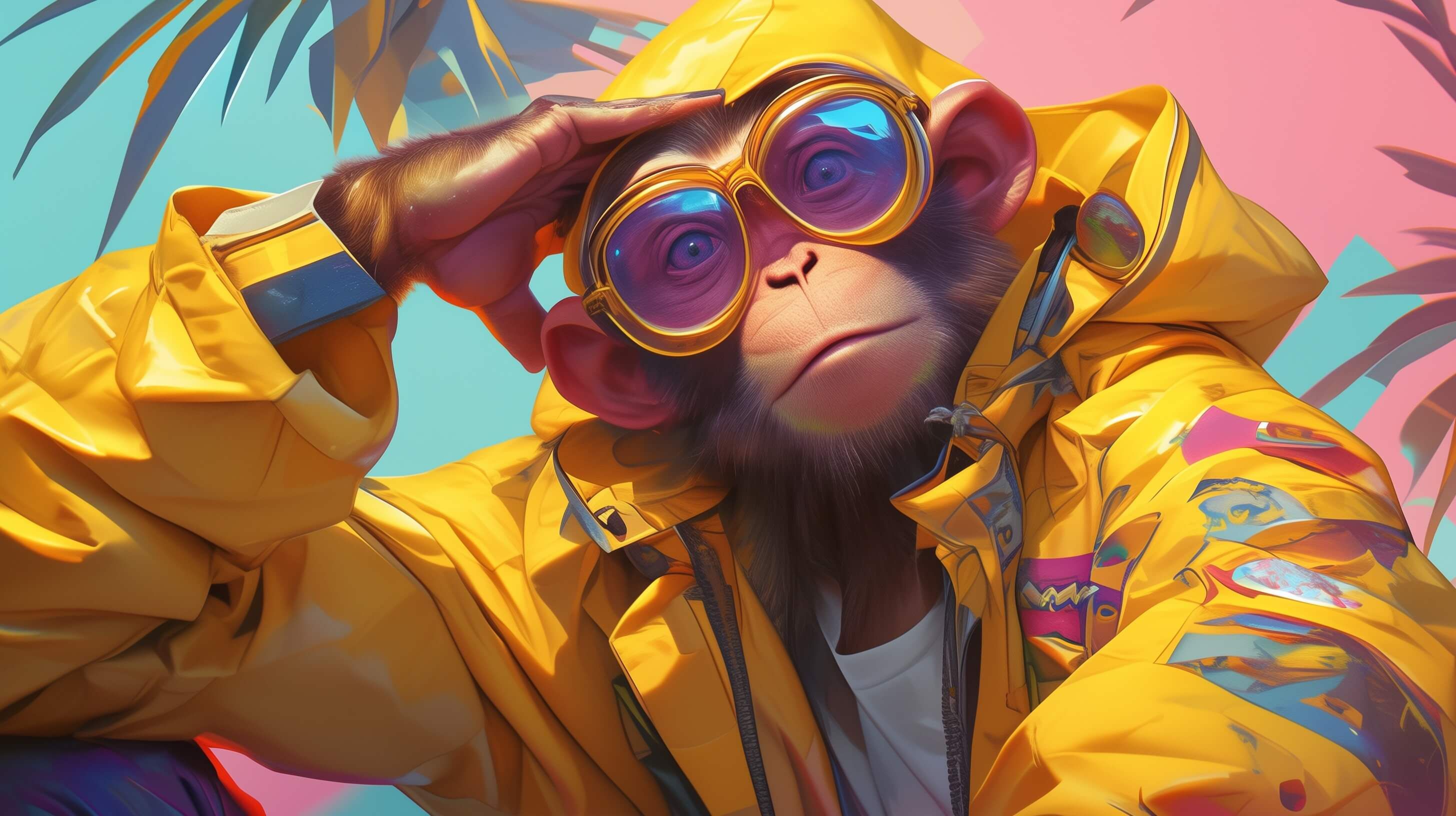 A monkey posing with sunglasses and yellow rain coat