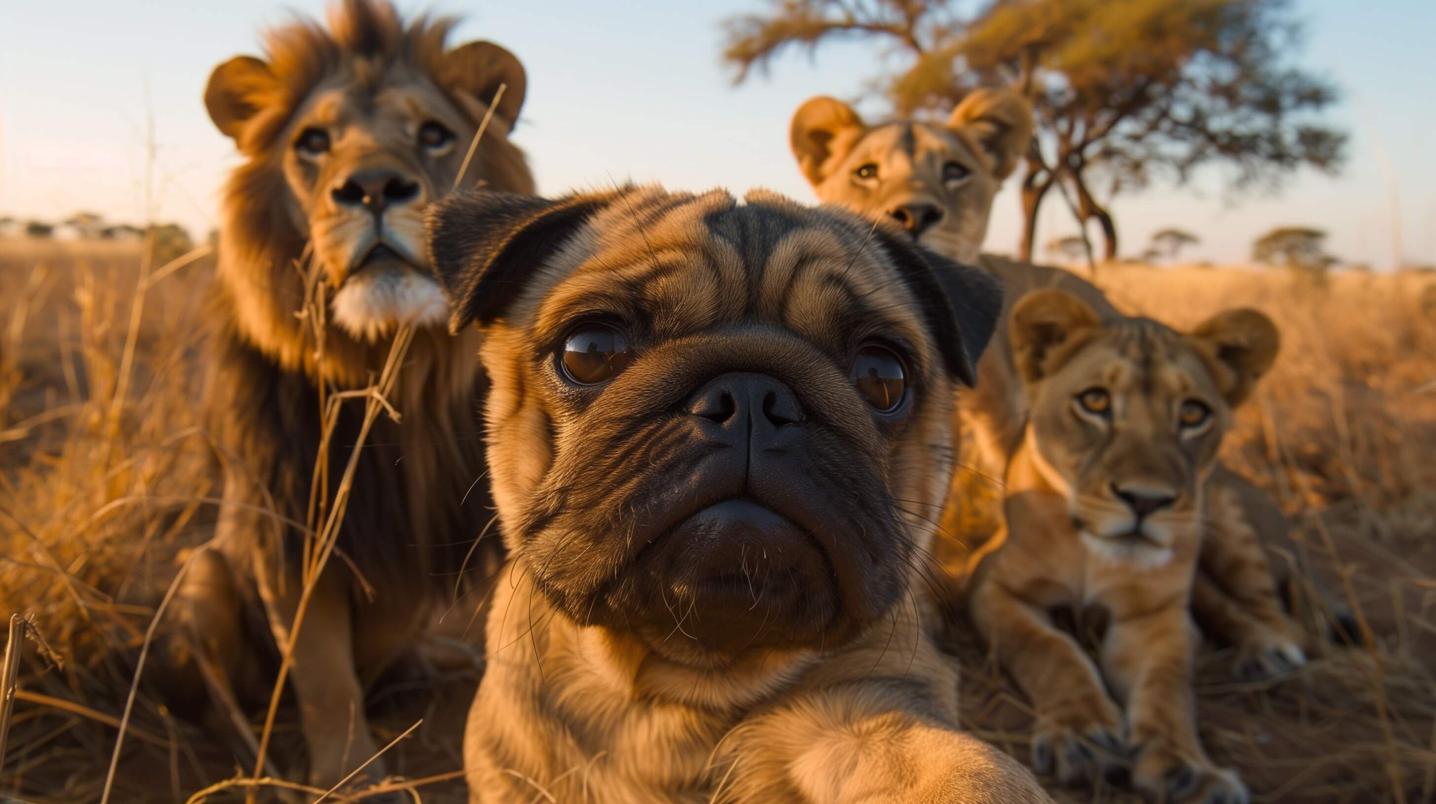 Selfie of a pug surrounded by lions in the savanna