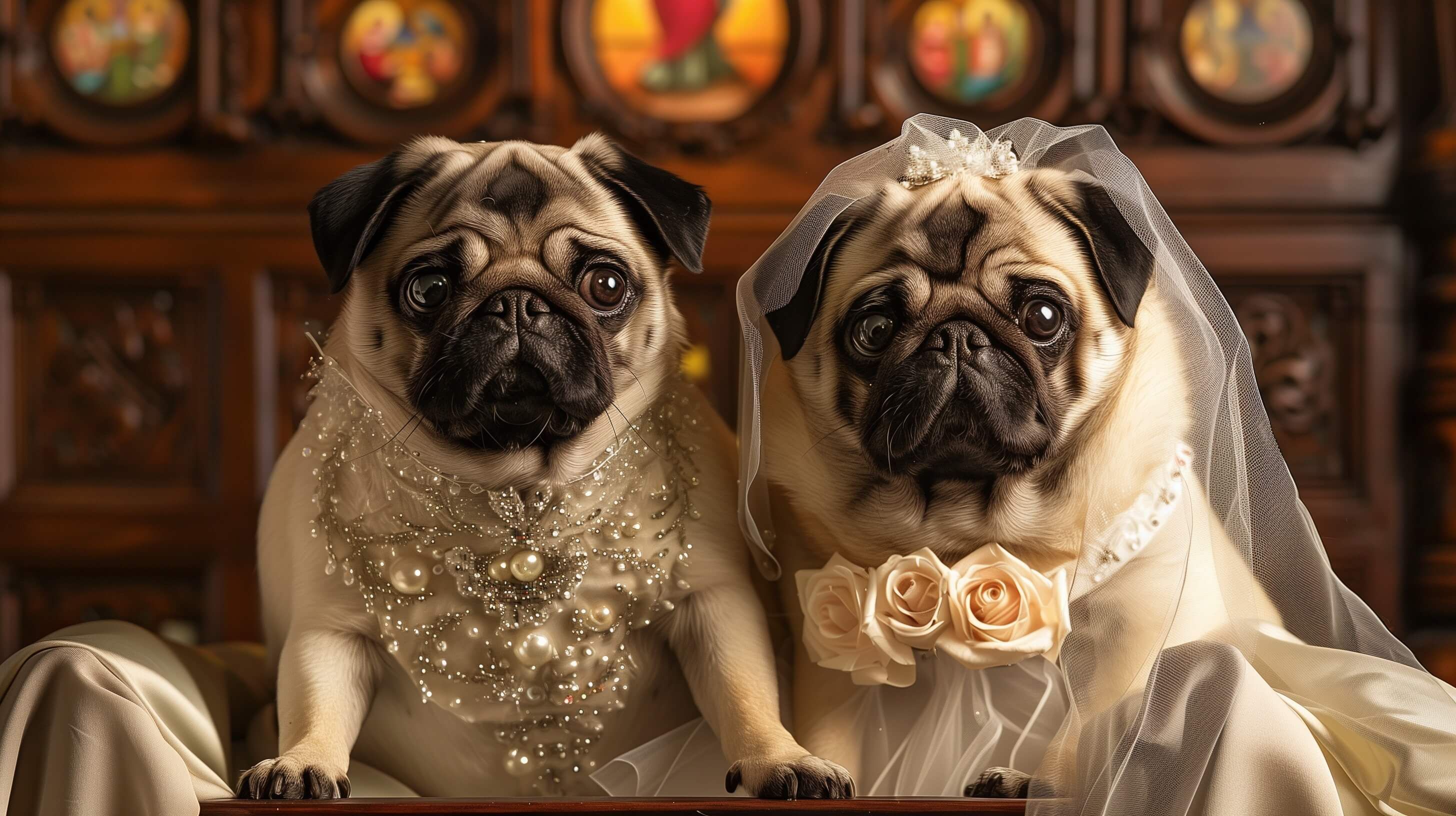 Two pugs dressed as groom and bride