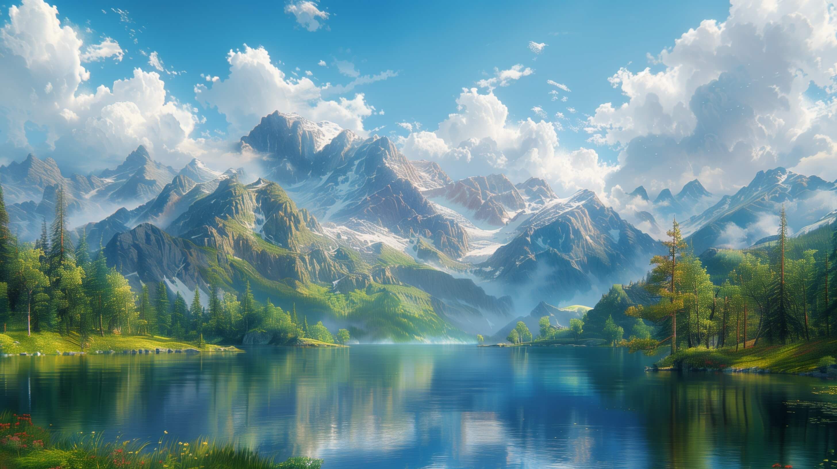 Breathtaking landscape with mountains, forest and a lake